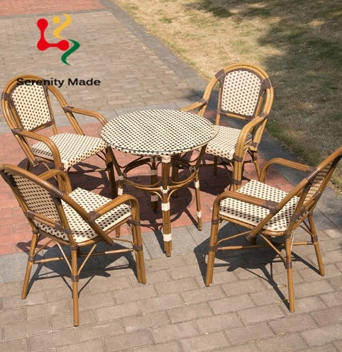 Outdoor Restaurant Furniture Coffee Shop Cafe Aluminium Frame PE Rattan with Armrest Leisure Dining Table Chair Set