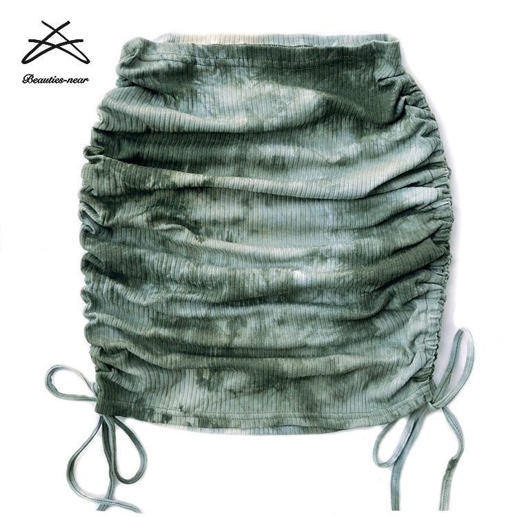 Women Knitted Bodycon Drawstring Sexy Tie Dyed Mini Girls Skirt