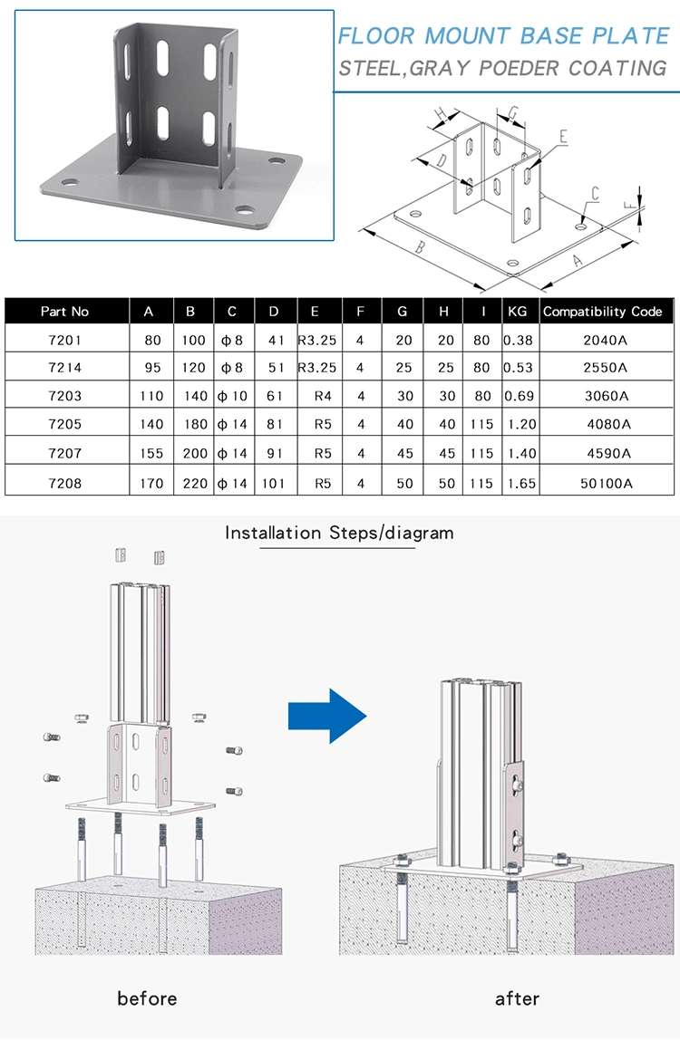 Base fija duradero montaje en suelo 2040 placas de base para el perfil de aluminio 2550 3060 4080 4590 50100