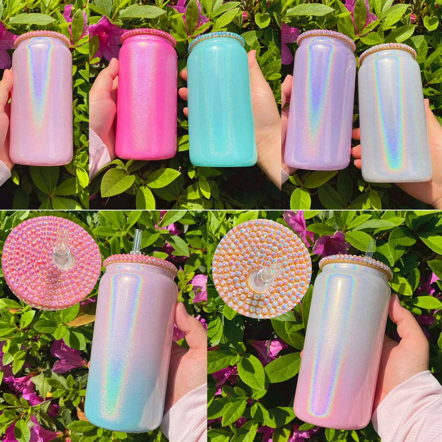 16oz 20oz Sublimation vierge dégradé grené poudre à paillettes Sublimation recouverte Boîte à bière verre couvercle en plastique tasses avec couvercle en PP