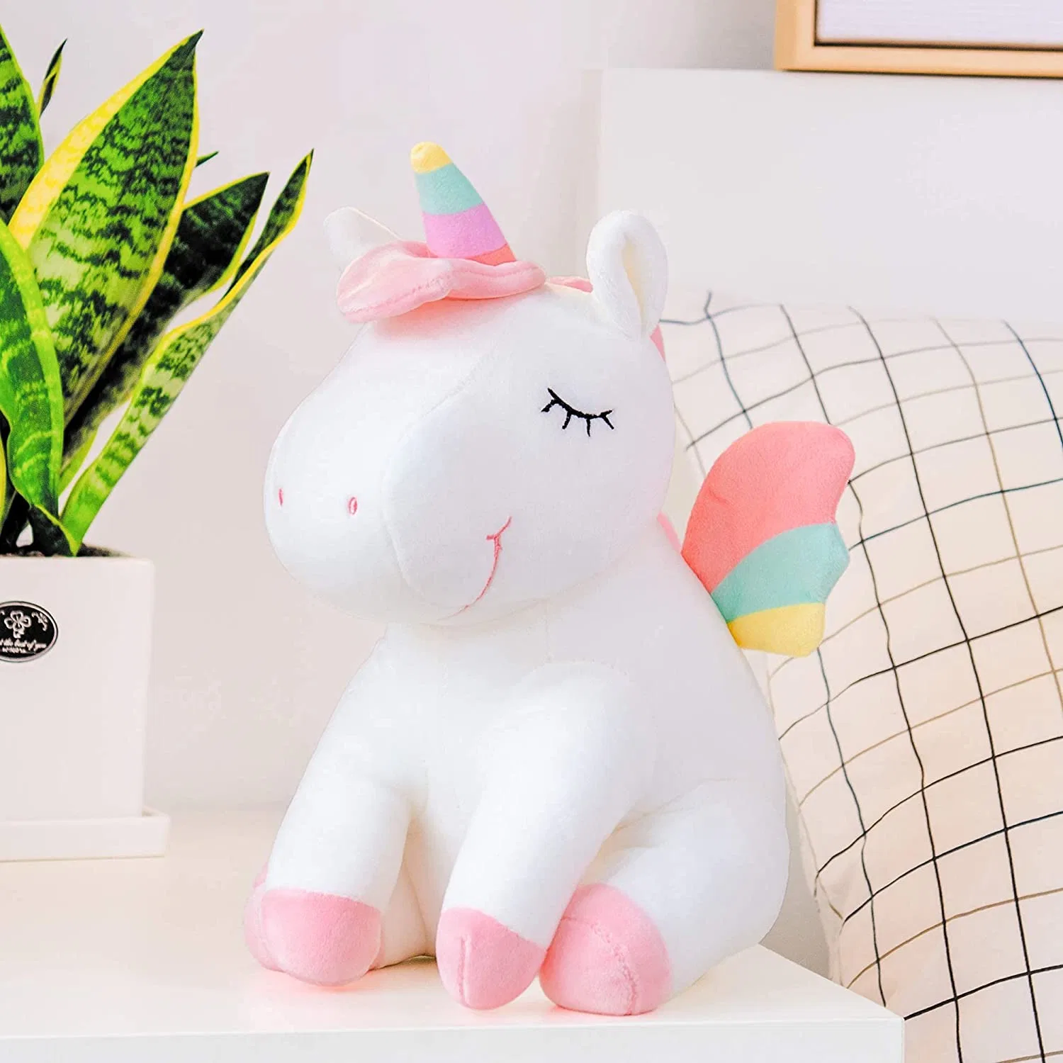 Ailes arc-en-ciel Licorne en peluche rose et blanche Jouets cadeaux 12 pouces