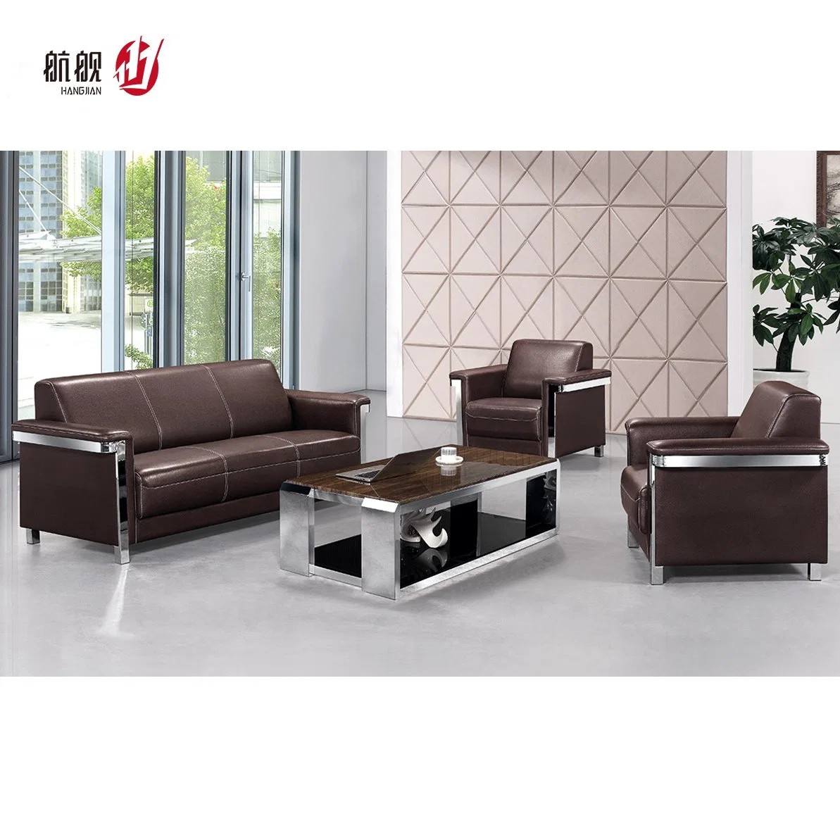 1+1+3 Seater Leather Waiting Sofa for Office Seating with Chrome Fixed Base