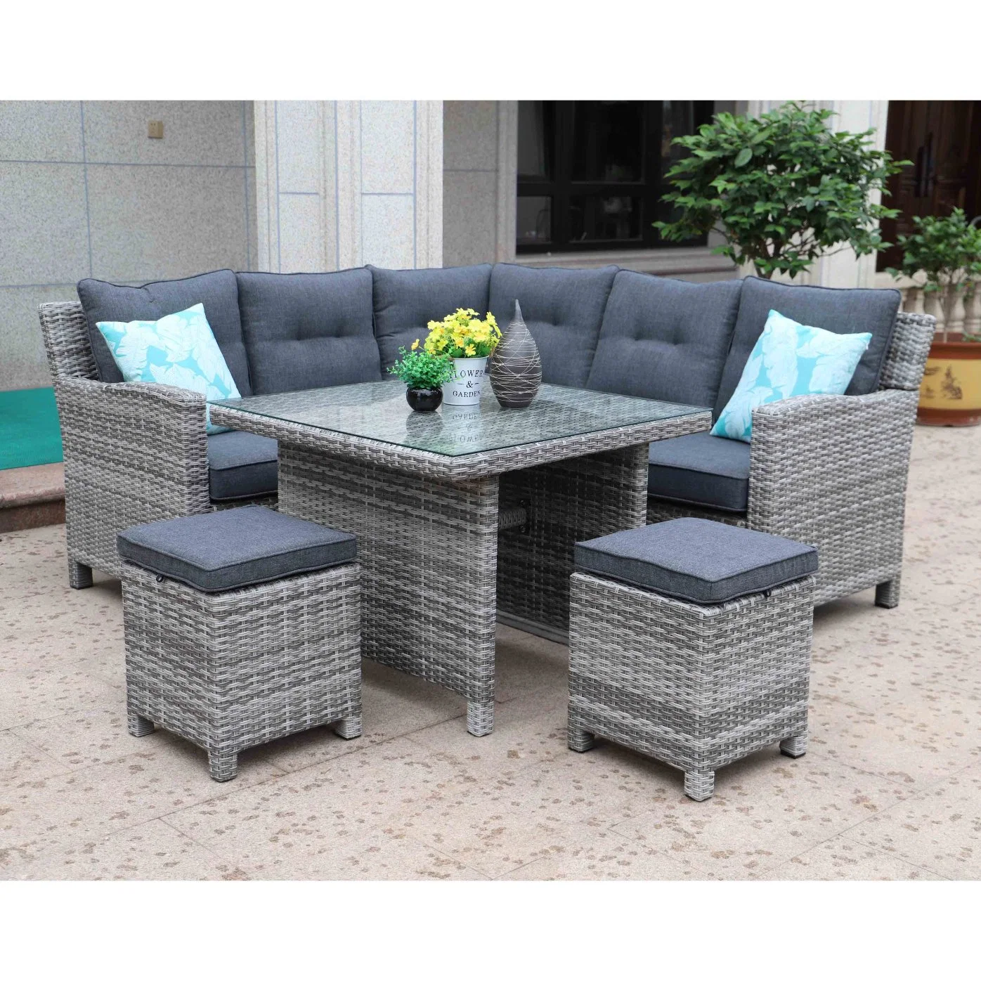 5pcs meistverkaufte Patio Garten Rattan Möbel Wicker Mini Corner Sofa-Set mit Kissen