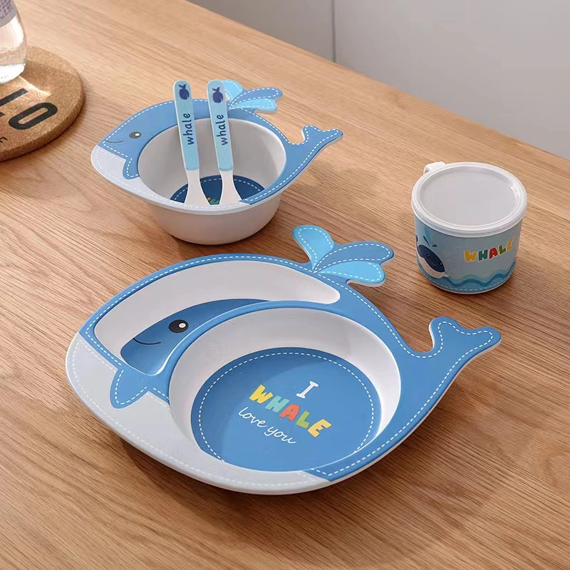 Aohea Kids Gift Set LFGB Cartoon Animal Bamboo Fiber Dinnerware Set Kids Plate