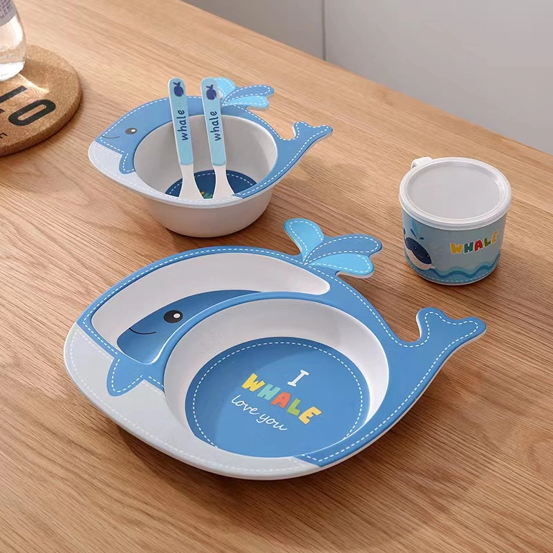 Conjunto de oferta Aohea para criança LFGB Cartoon Animal Bamboo Fiber Dinnerware Conjunto de placa para criança