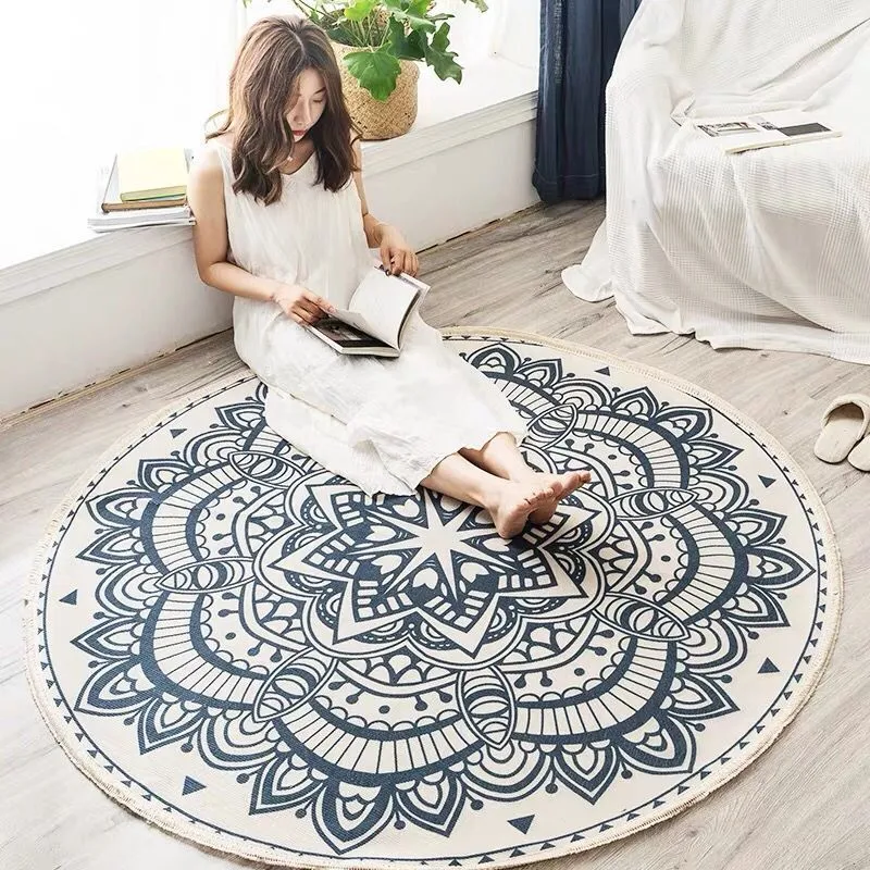 Ound Tatami Mats Area Rug for Living Room Sofa Coffee Table Cotton Linen Floor Carpet for Living Room