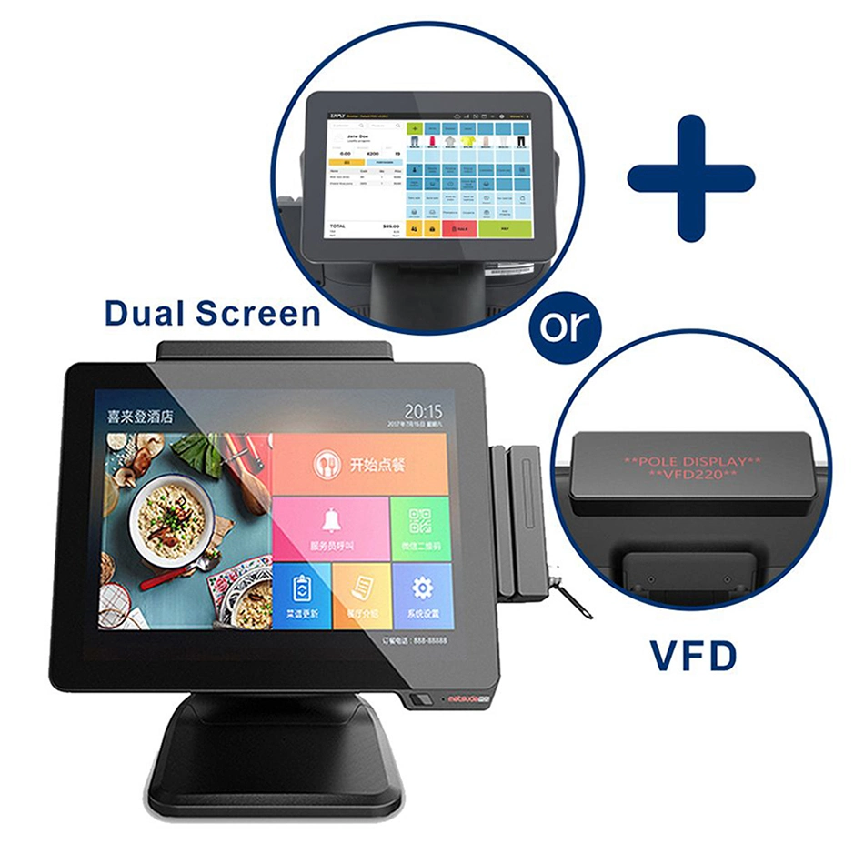 أفضل بيع مزدوج 15+9.7 Win10 All in One Restaurant POS نظام مزود بماسحة ضوئية للطابعة وقارئ بطاقات المسح الضوئي