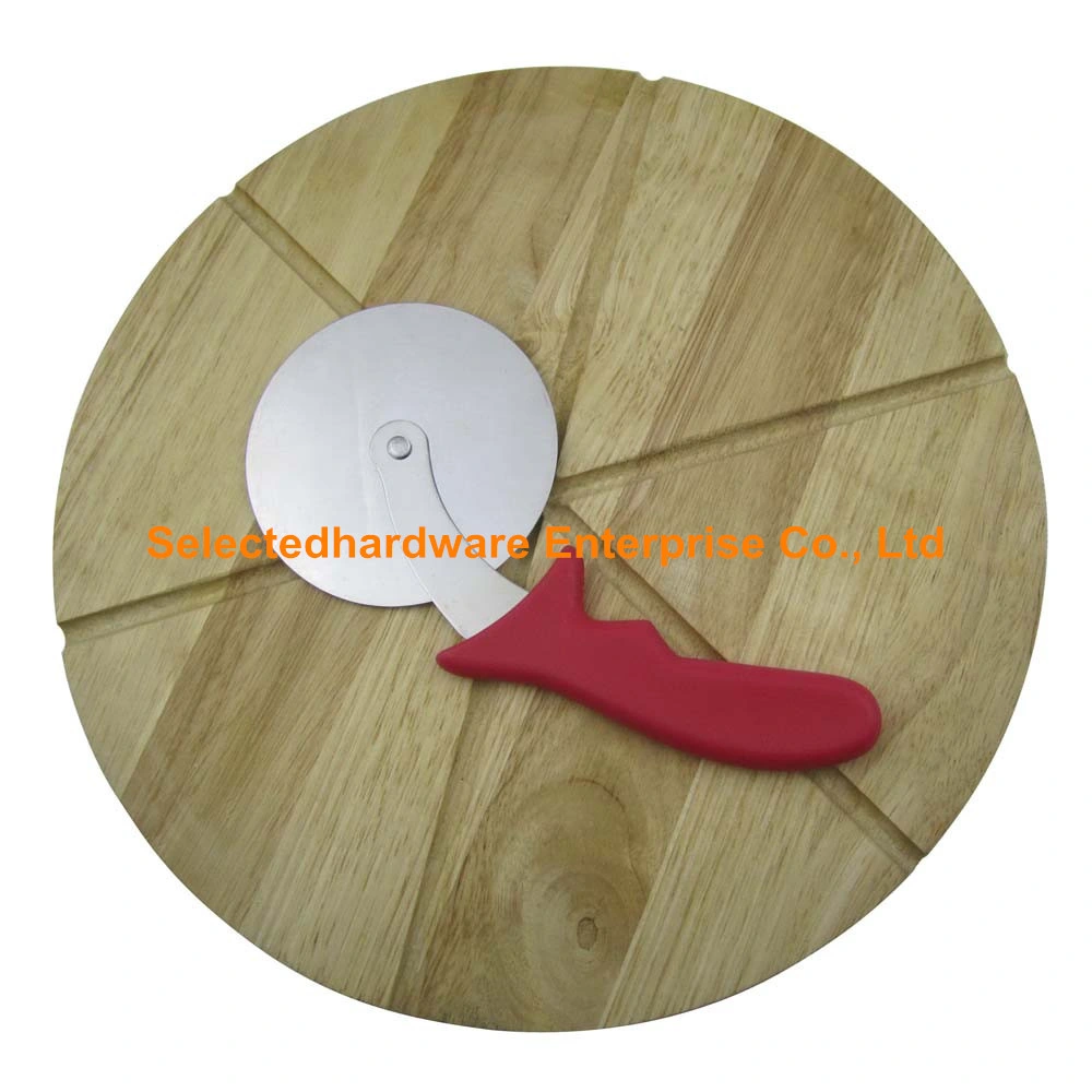 2PCS Red PP Handle Pizza Cutter Knife with Rubber Wood Cutting Board