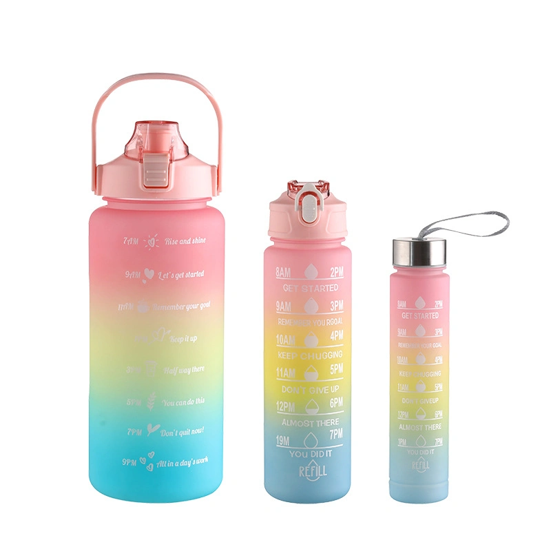 Water Bottles 3 in 1 Non-Toxic 3PCS Set Motivational Leakproof Plastic Reusable Gym Cyclin Sport Water Bottle for Running with 3D Stickers 2000ml 900ml 300ml