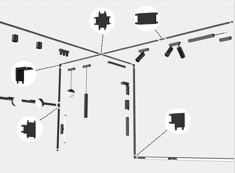 Acessórios de pista magnética em Branco Preto com calha de luz magnética em forma de T. Conector