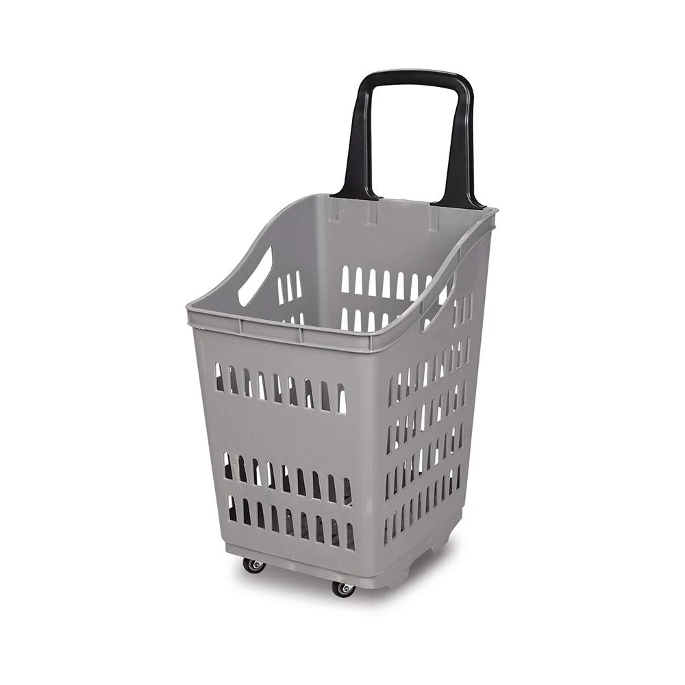 Customized Design Four Wheels Rolling Plastic Supermarket Shopping Basket