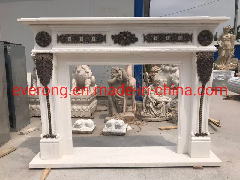 White Electric Fireplace Marble Mantel Fireplace with Bronze Statues Casting