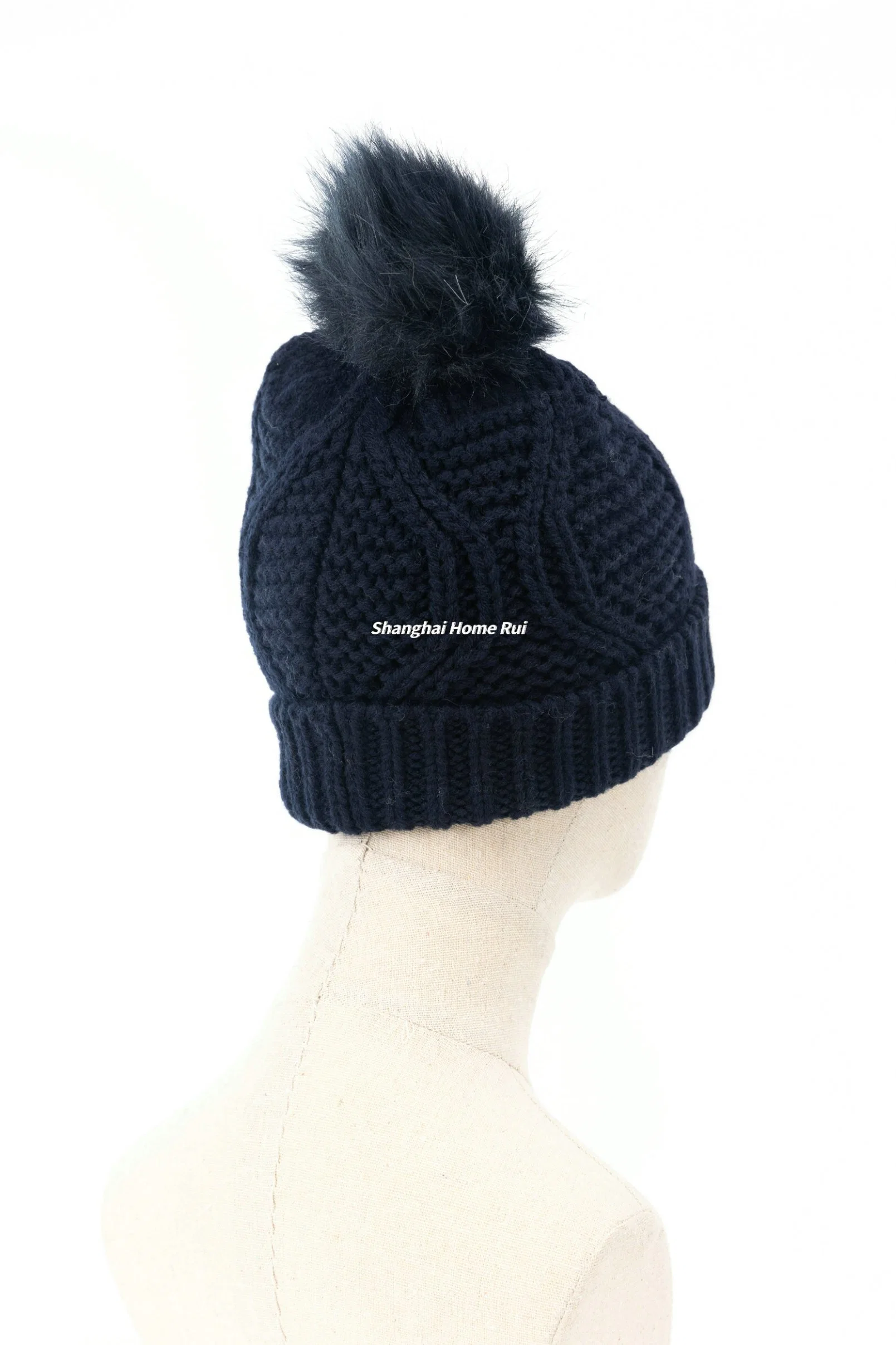 Women Warm Soft Thick Slouchy Chunky Acrylic Fold Edge Black Navy Fur Pompom Knitted Cable Bonnet Casual Beanie Hat