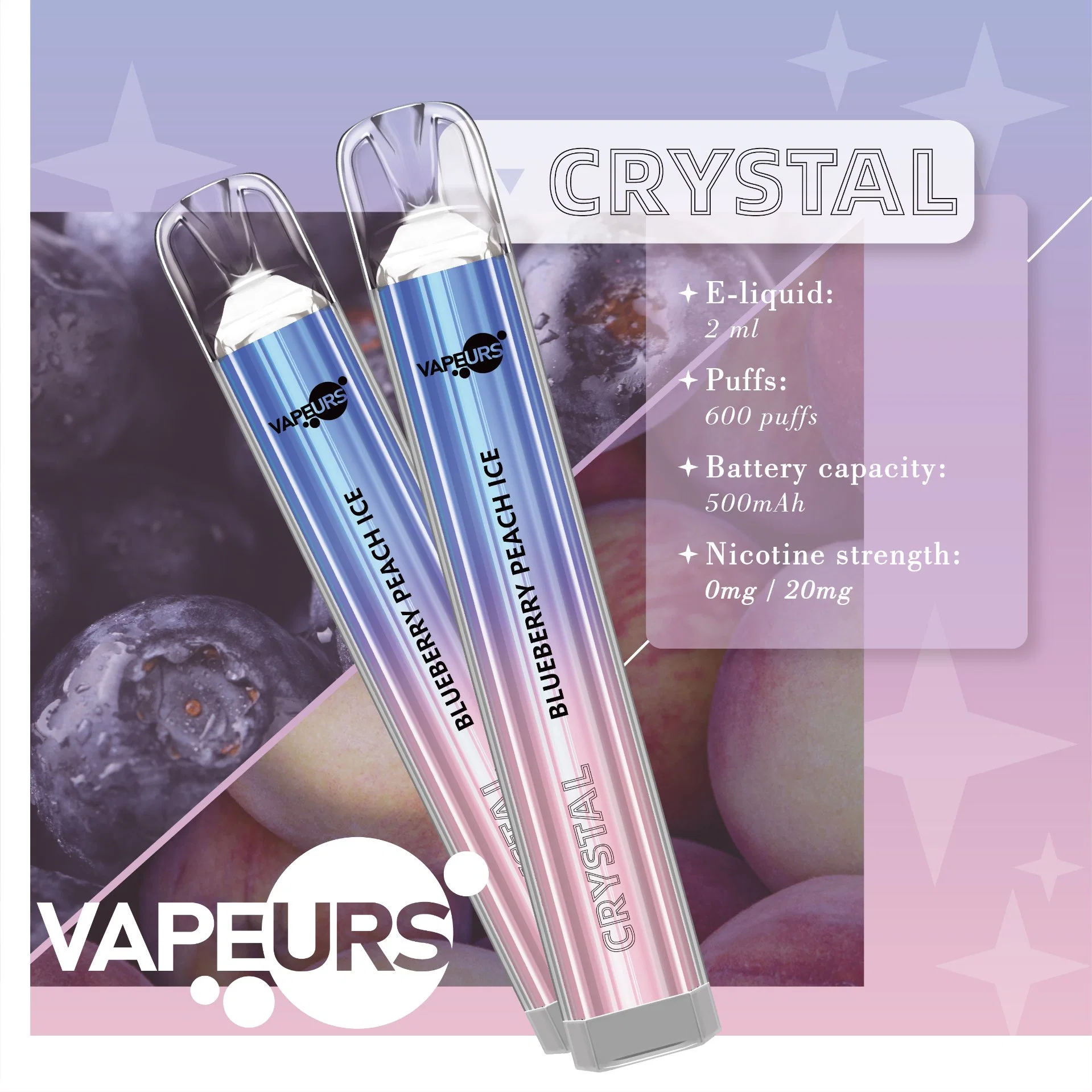 Vapeurs Crystal Finish Einweg Vape 600 Puffs Freie Probe 2% 550 Batterie