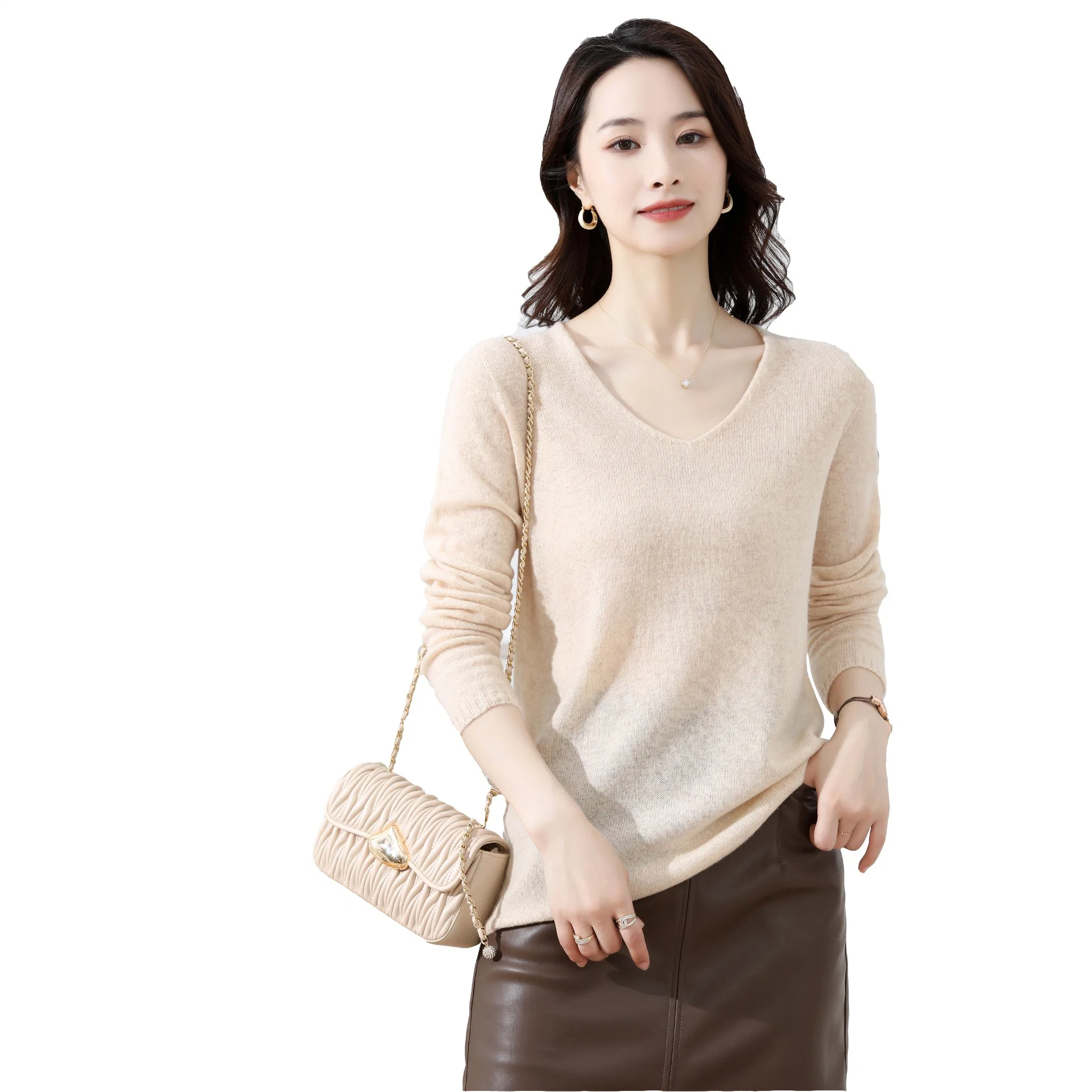 Stock Service Spring Autumn Women Fine Knitted Lambs Wool Cashmere V-Neck Sweater