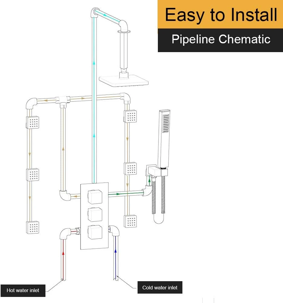 Matte-Black Rain Shower System - 16 Inch Ceiling Rainfall Square Head with Handheld Spray and Full Body Jets, Thermostatic Brass Valve Faucet Sets Complete