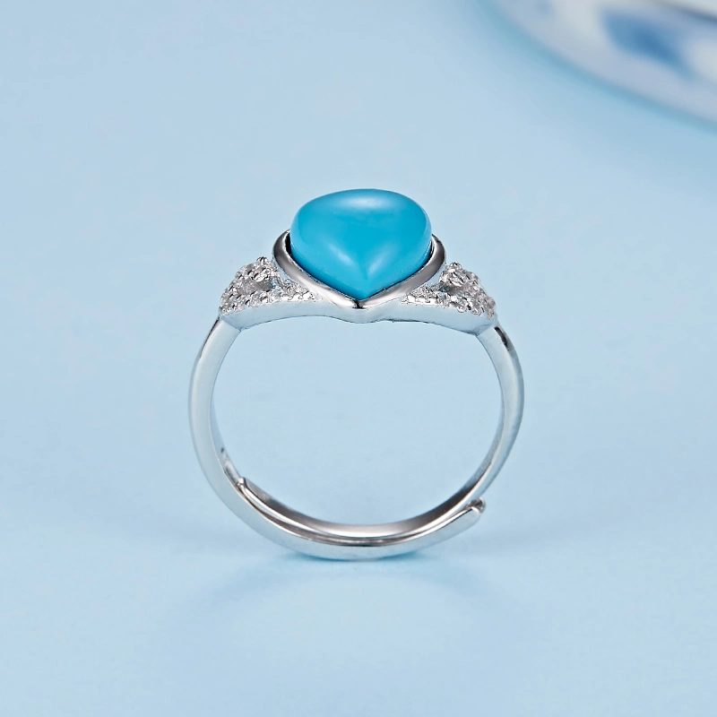 Elegant Female Finger Ring Heart Cut Gemstone Turquoise Silver Ring Jewelry