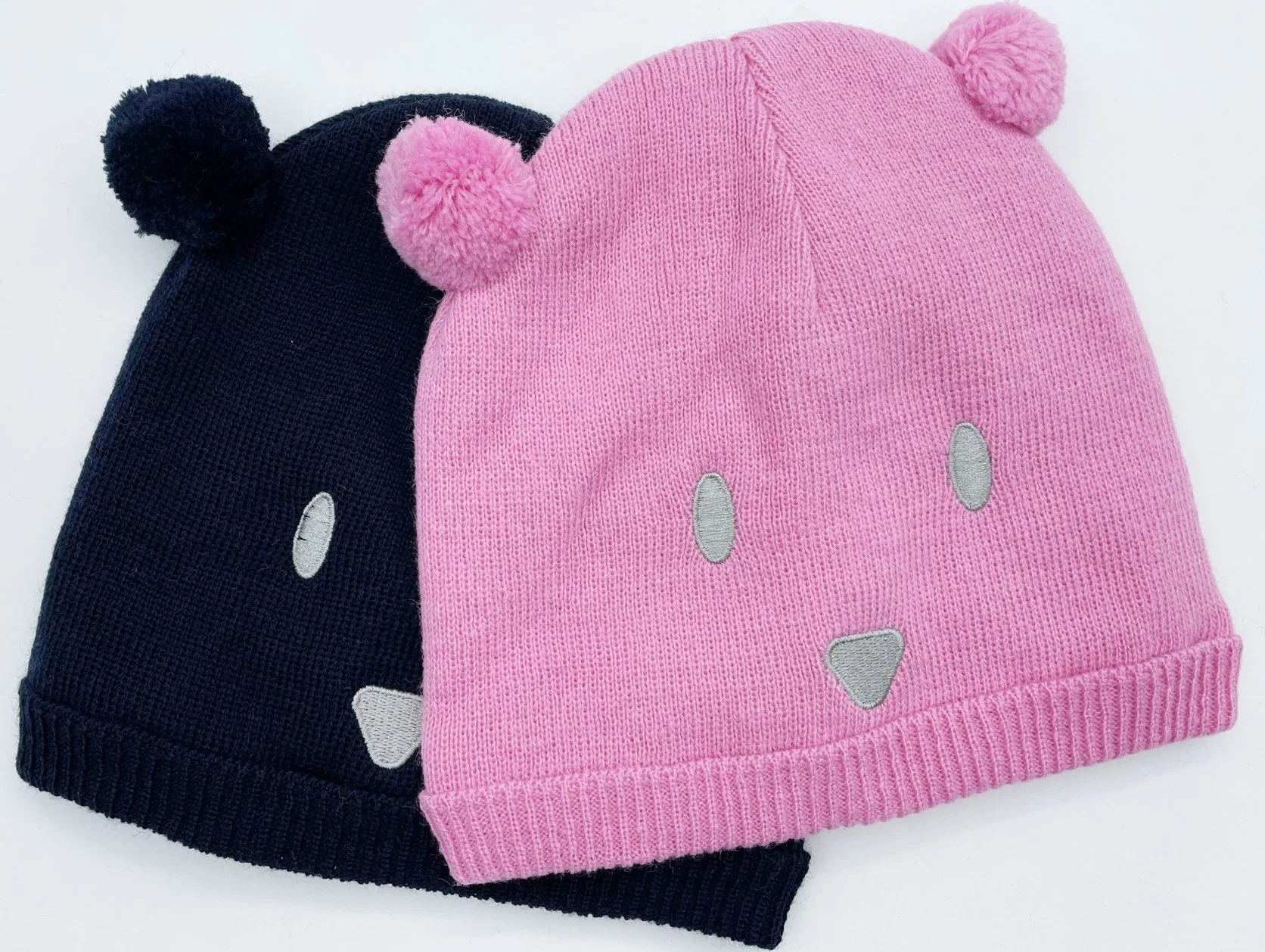 Pink and Navy Colors Cotton Knit Two Bobble Kids Beanie Hat