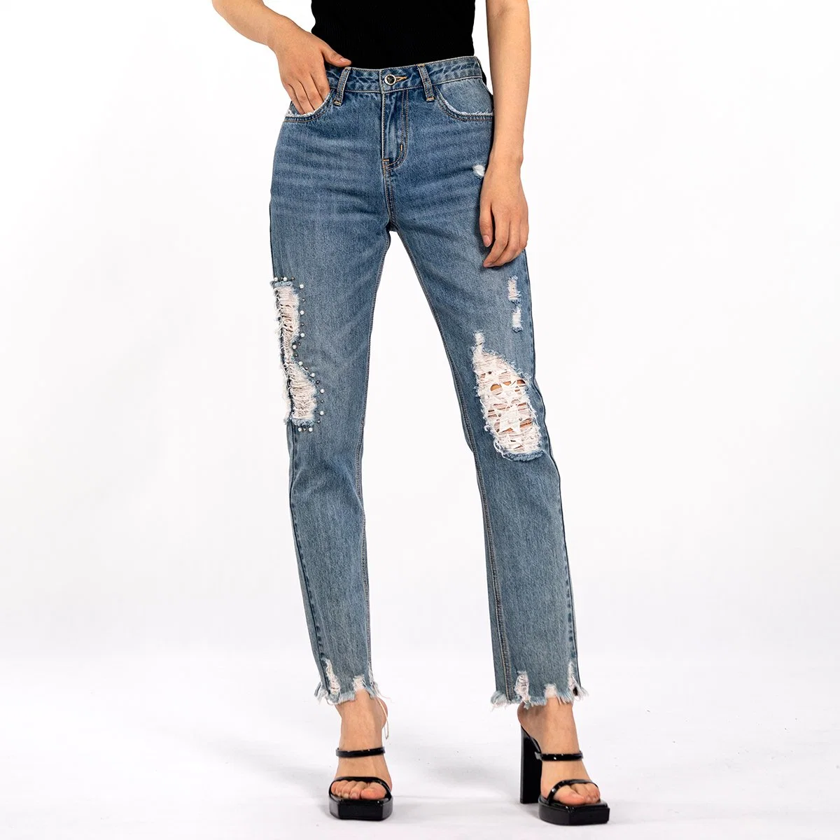 Diseño Moda rasgada Pearl envejecida Distressed Jeans para mujer