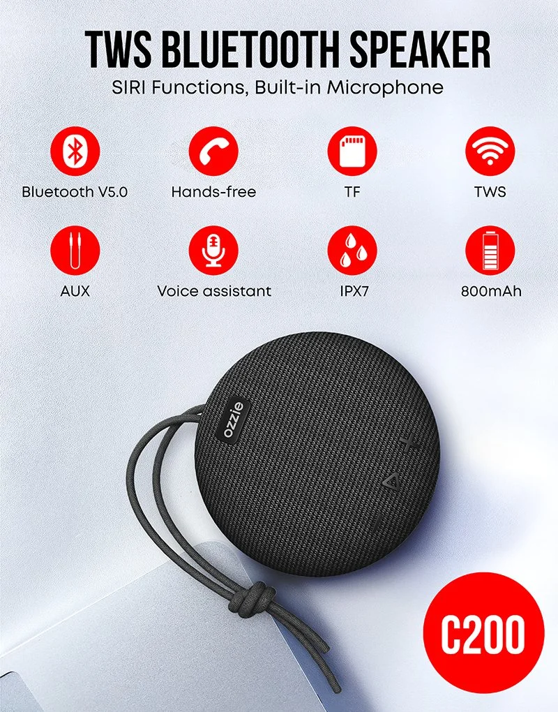 سماعات محمولة جديدة للأجهزة الإلكترونية مع Bluetooth Ozzie C200 IPX7 سماعة Bluetooth® مضادة للماء لجهاز iPhone للاستخدام في الأماكن الخارجية