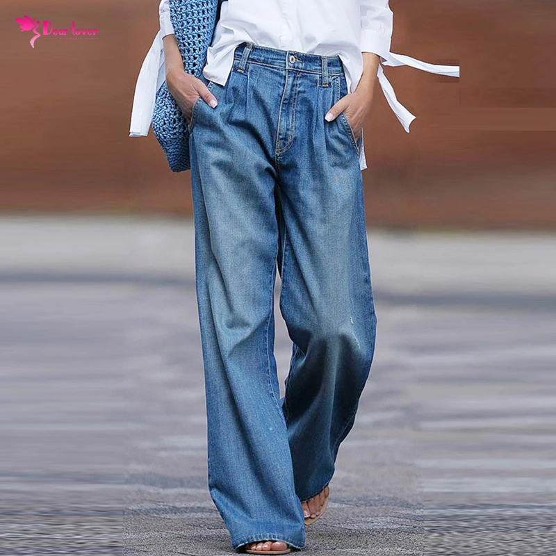 Dear-Lover Fashion Clothing Apparel Cotton Blue Slouchy Wide Leg Women Jean Pants Garment Ladies Trousers Denim Jeans