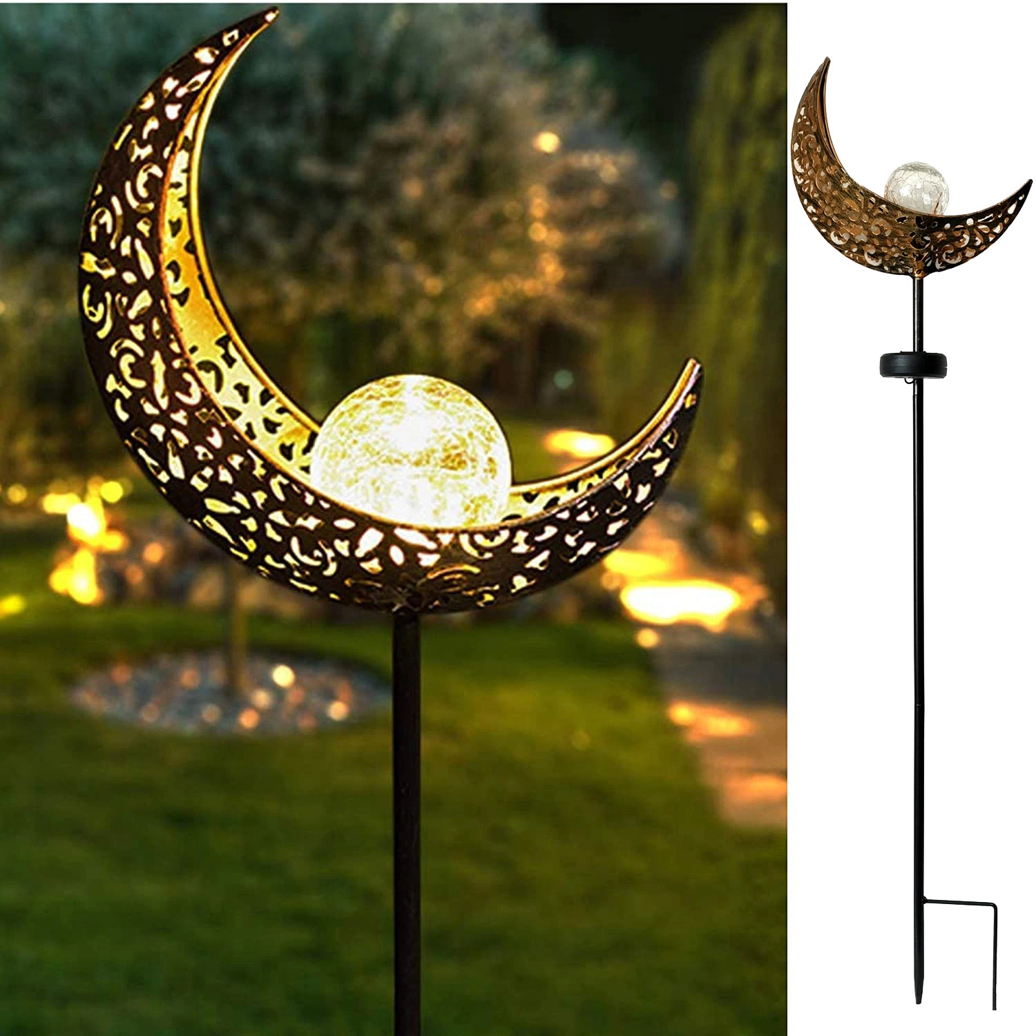 Garden Solar Light Outdoor Decorative, Moon Crackle Glass Globe Stake Metal Lights Waterproof Warm White LED for Pathway Ci24850