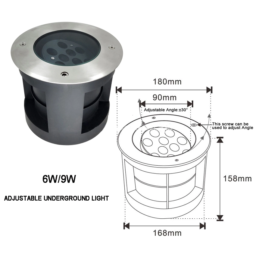 2023 Nouvelle lampe de projecteur de jardin enterrée extérieure en acier inoxydable IP67, avec angle réglable et rotatif, et LED intégrée.