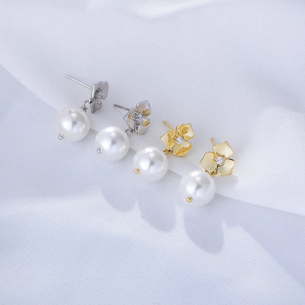 Hot Selling Classic Fashion Zircon Flower Pearl Dangle Silver Earrings Jewelry for Girls