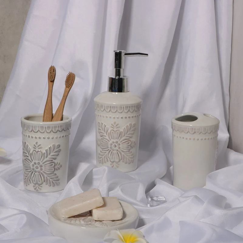 Modern Custom Embossed Ceramic Sustainable Stocked Bathroom Decor Accessories Set
