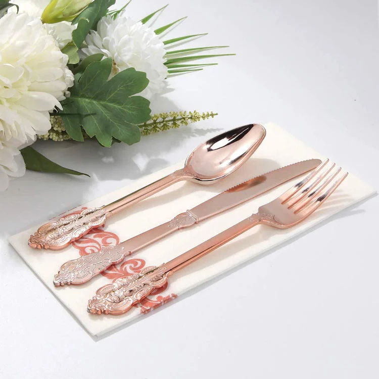 Gold Plastic Silverware Carved Cutlery Set Embossed Silver Vintage Design Disposable Rose Gold Elegant Cutlery