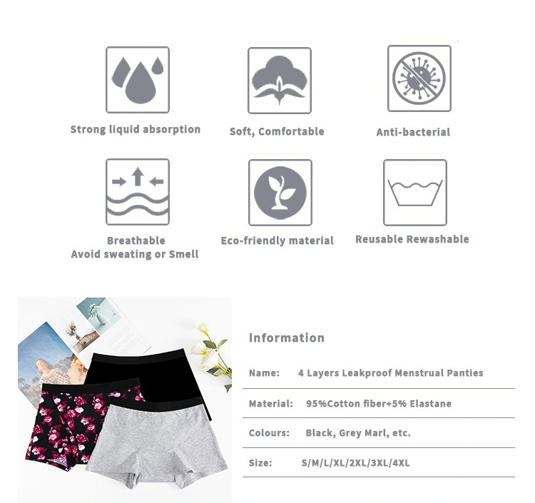 Bolihong período OEM de algodão orgânico Boyshort reutilizável 4 camada à prova de vazamentos Boxer de fluxo pesado Disgrable Bamboo Bragas Pantas menstruais do desporto