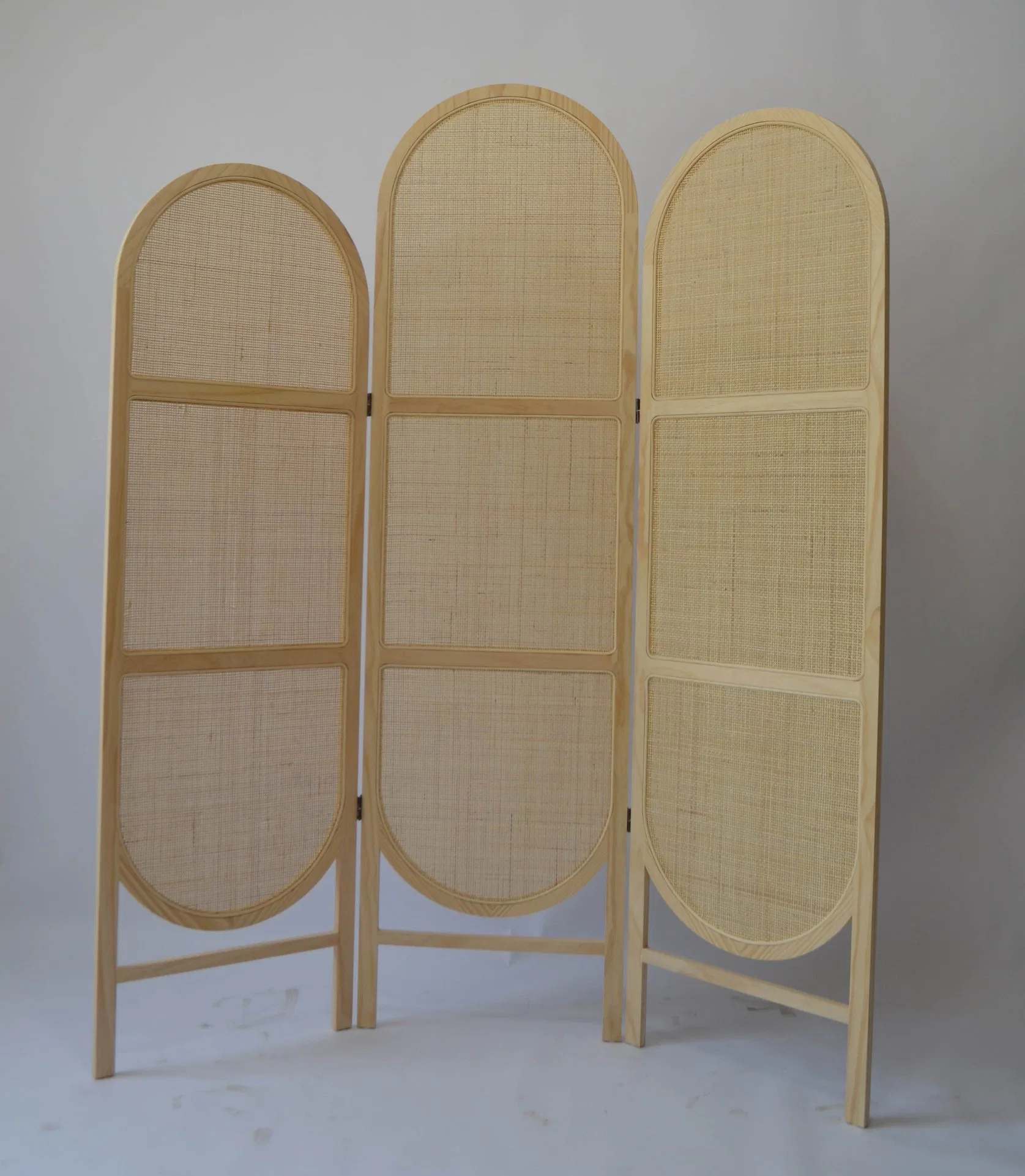 Woven Rattan Room Divider with 3 Panel Wooden Folding Screen