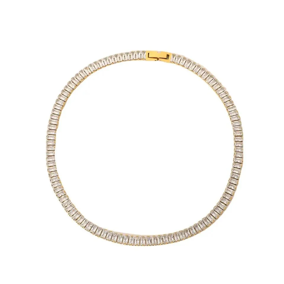 6 mm Wide 18K Gold Plated Stainless Steel Rectangle Zircon Chain Diamond Necklace Jewelry