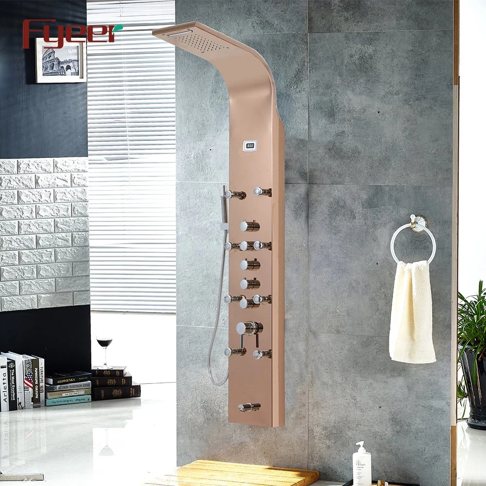 Fyeer Multifunction Rose Gold Temperature Sensor Shower Panel with 8PCS Massage Jets