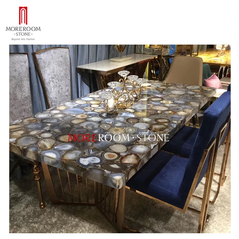 Milan Design Mid Century Semi Precious Grey Agate Modern Dining Table