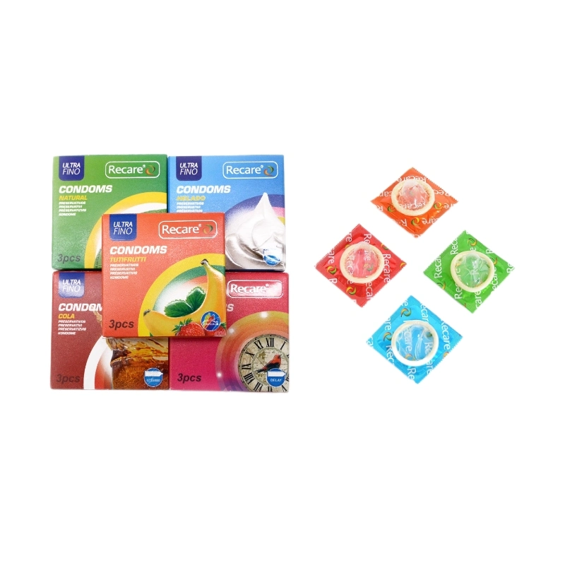 Diferente sabor Color personalizado OEM Latex Plain Kondom VIP Deluxe Condones masculinos con tachuelas extra
