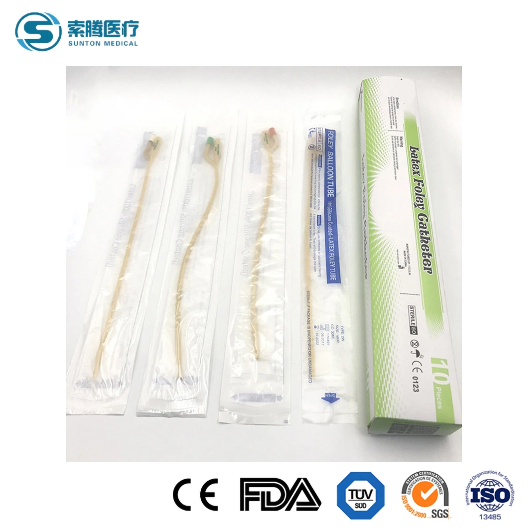 Sunton China Disposable Sterile 100% Latex Foley Urine Catheter with 100% Silicon Coated Manufacturers OEM Customized Medical Latex Urinary Suction Catheter