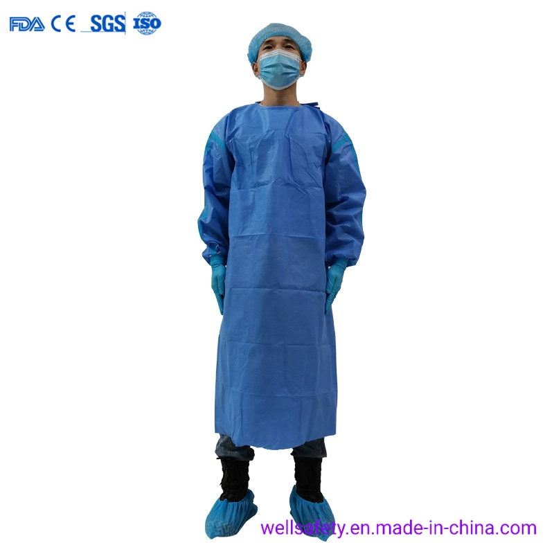 Fabrik Direktverkauf AAMI Level 3 Einweg SMS Blau chirurgisch Kleid Strickmanschette mit Klebestreifen 45g Krankenhaus Special Isolation Kleid Anti-Liquid Blood En1412