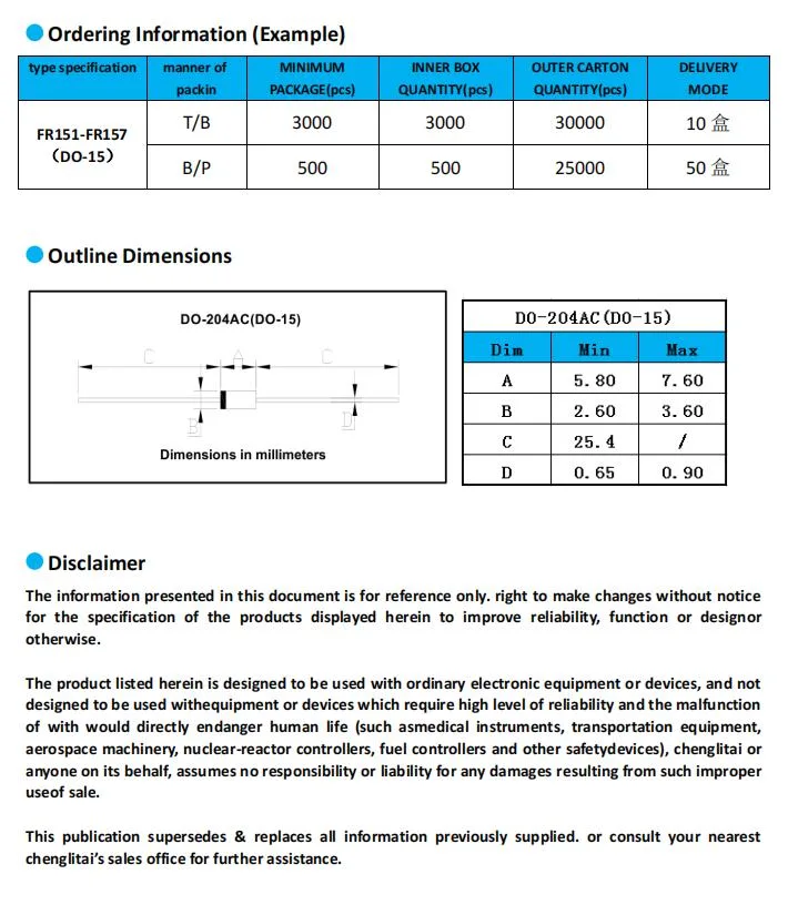 Fr156 do-15 axiale Gleichrichterdiode mit schneller Wiederherstellung 1,5A Gleichrichterdiode