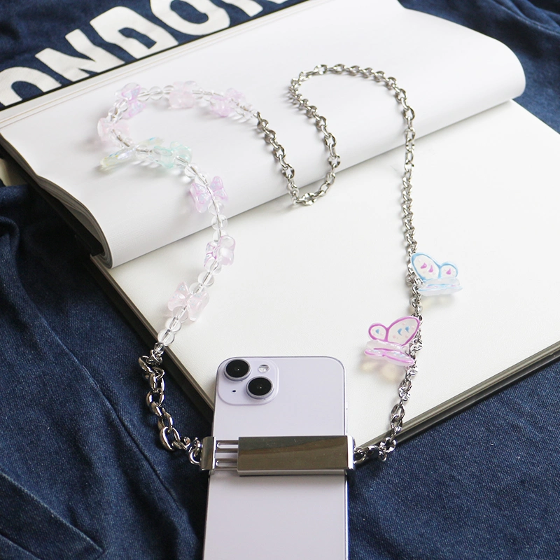 Butterfly Bead Metal Chain Phone Clip Universal Heart Shape Pearl Messenger Strap Phone Case Accessories