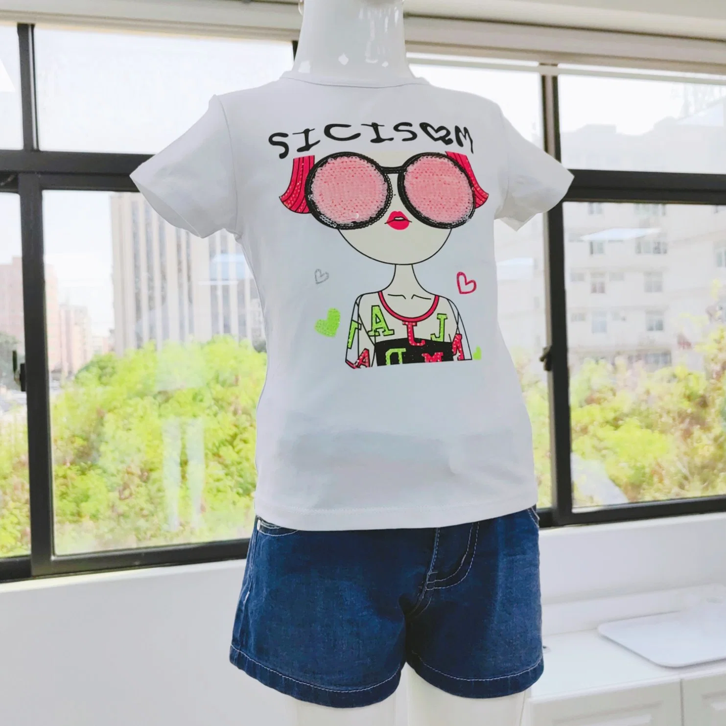 Conjunto grossista 4-12 Anos Meninas Casual T-shirt de algodão + Denim Shorts 2 Crianças
