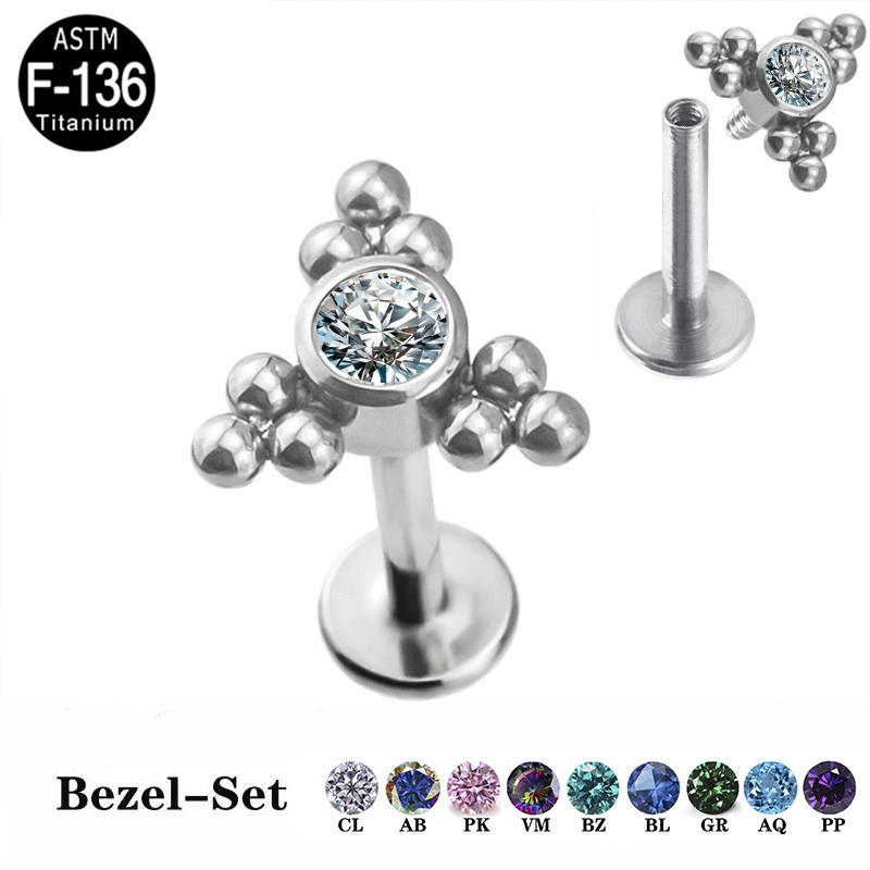 Gzn ASTM F136 Titan Innengewinde Lip Ring 3 Tri-Bead Cluster mit Lünette CZ Gem Top Körper Schmuck Labret