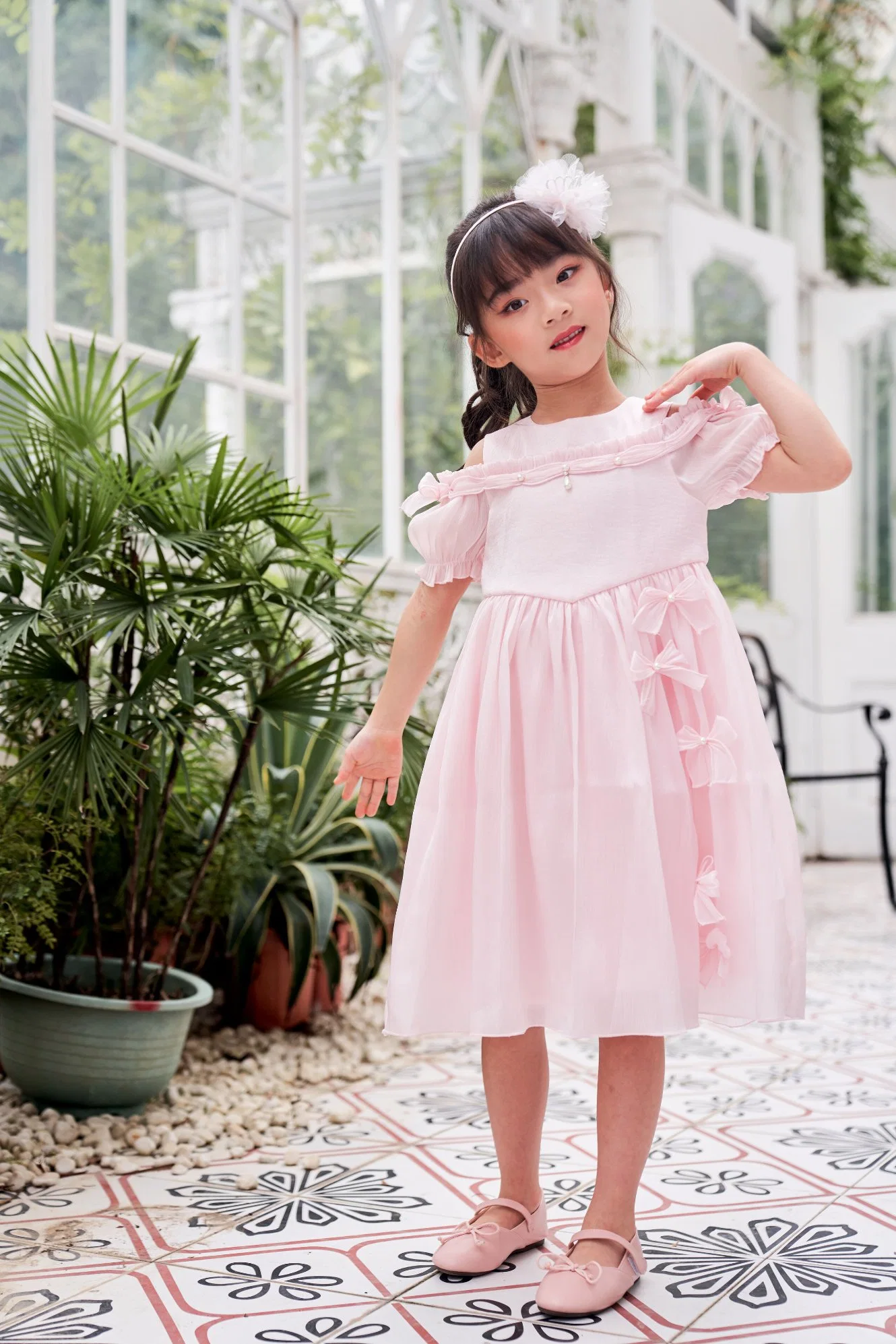 Summer Collection Children Girls Fashion Pink Bow Decoration Mesh Princess Dress Baby Clothes