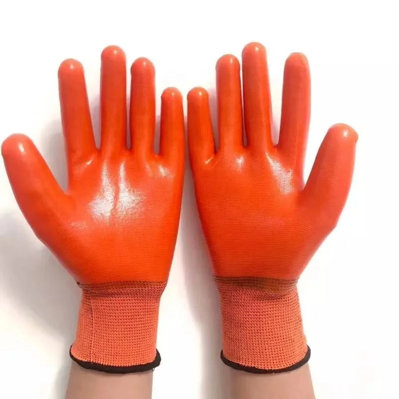 Breathable Orange Nylon Coated Full PVC Waterproof Protect Hands Construction Latex Gloves