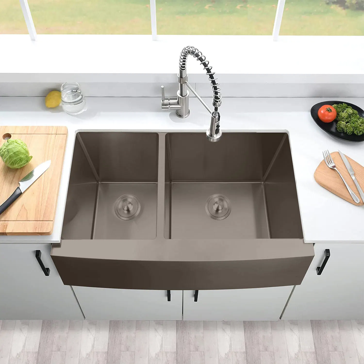 33 Inch Apron Front Farmhouse Double Bowl Kit Basin Sink Handmade Stainless Steel Kitchen Sink