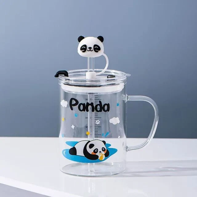 Tasse en verre isolée créative de 450 ml avec logo personnalisé, poignée, couvercle et paille pour café, thé et lait.
