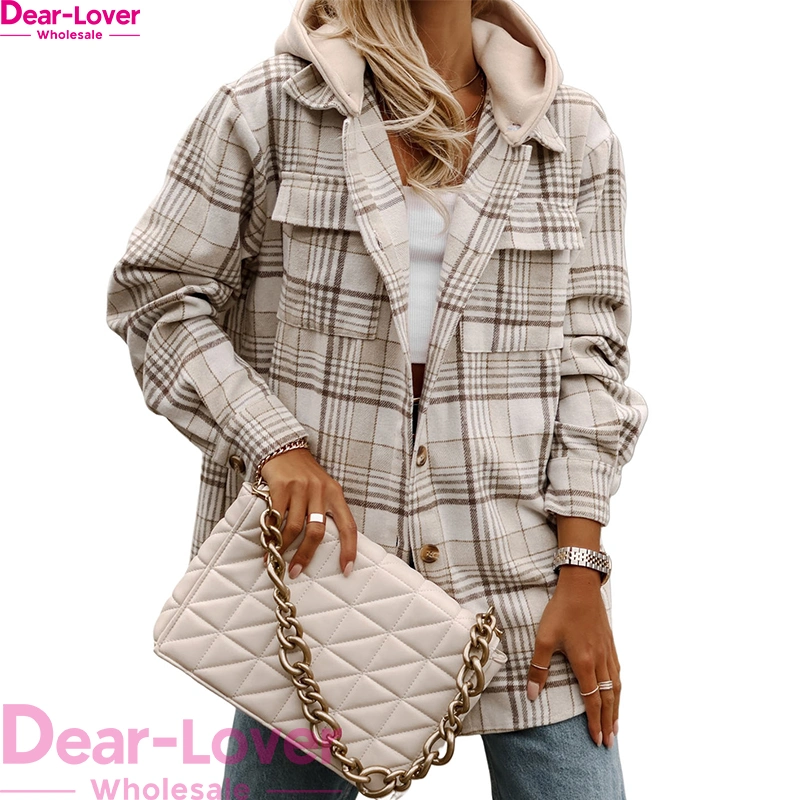 Chère-Lover vêtements d'hiver Classic Plaid Shacket Plaid capuche amovible boutonnée Veste pour Femme