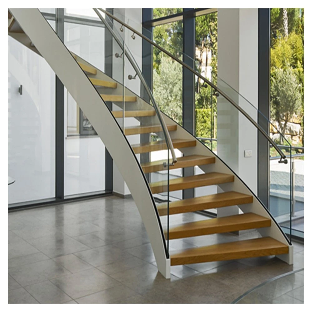 Acero moderno escaleras con barandilla de cristal de la banda de rodadura de vidrio escalera curvada