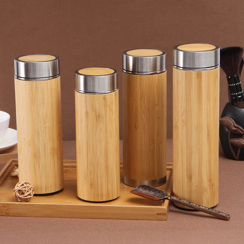 Haute qualité Isolation Double Paroi Bambou Thermos en Acier Inoxydable Bouteille Thermos avec Infuseur à Thé