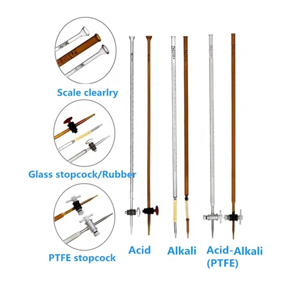 Lab Disposables Glass Measuring Burette with Glass Rubber PTFE Stopcock